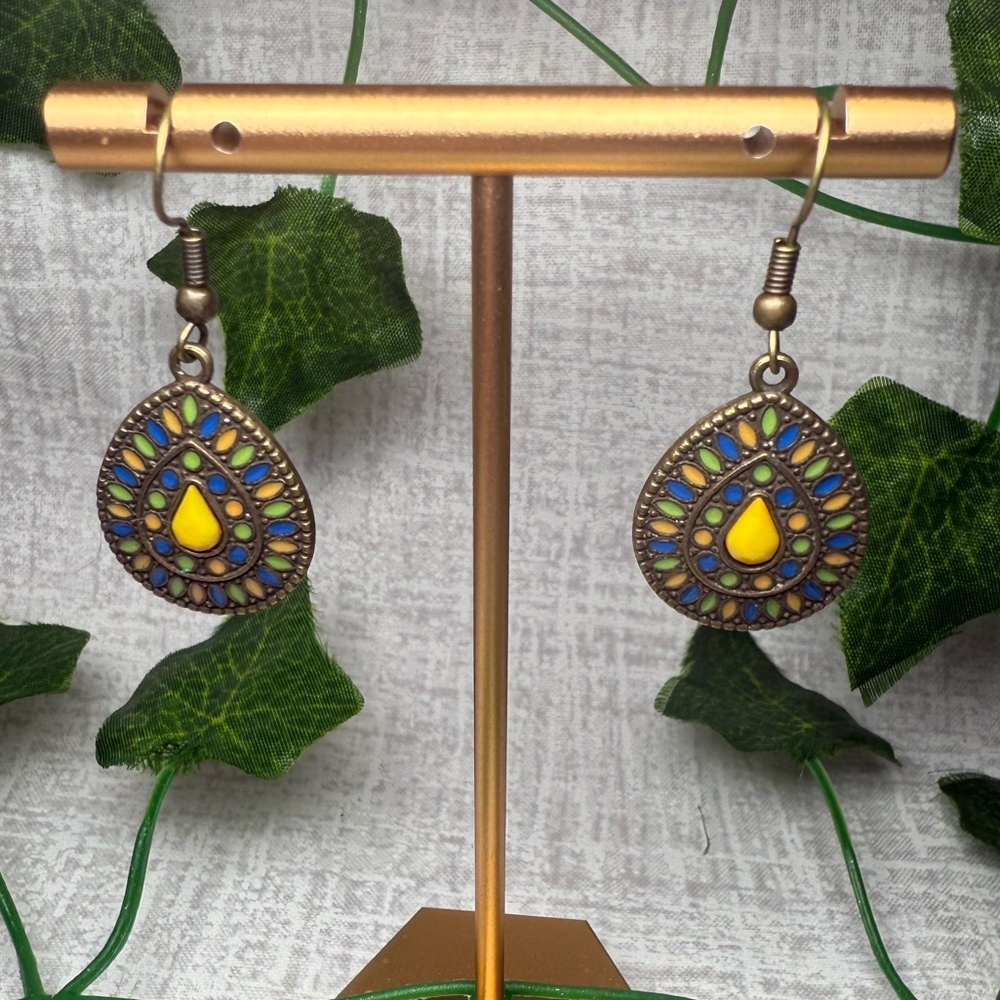 NWT Boho Yellow Teardrop Mosaic Dangle Earrings